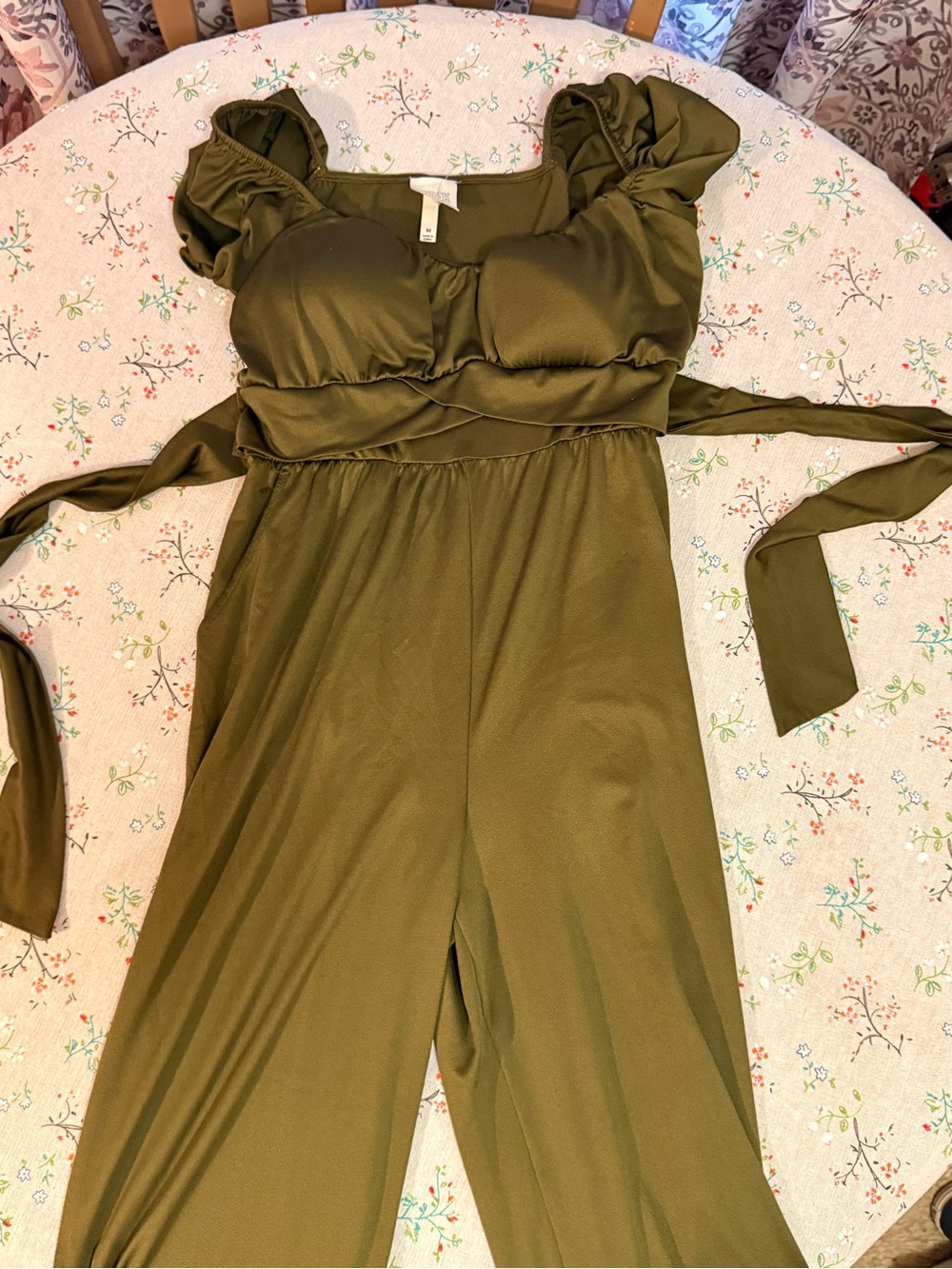 Derek Heart Olive Green Puff-Sleeve Jumpsuit with Waist Tie